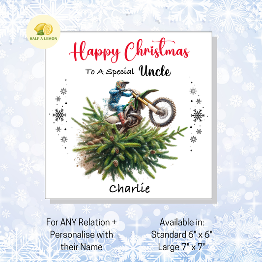 Personalised Dirt Bike and Christmas Tree Christmas Card For Uncle, For Any Relation, Gift for Him