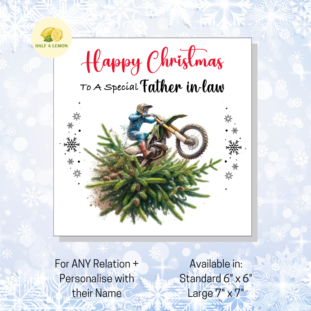 Personalised Dirt Bike and Christmas Tree Christmas Card For Father in Law, For Any Relation, Gift for Him