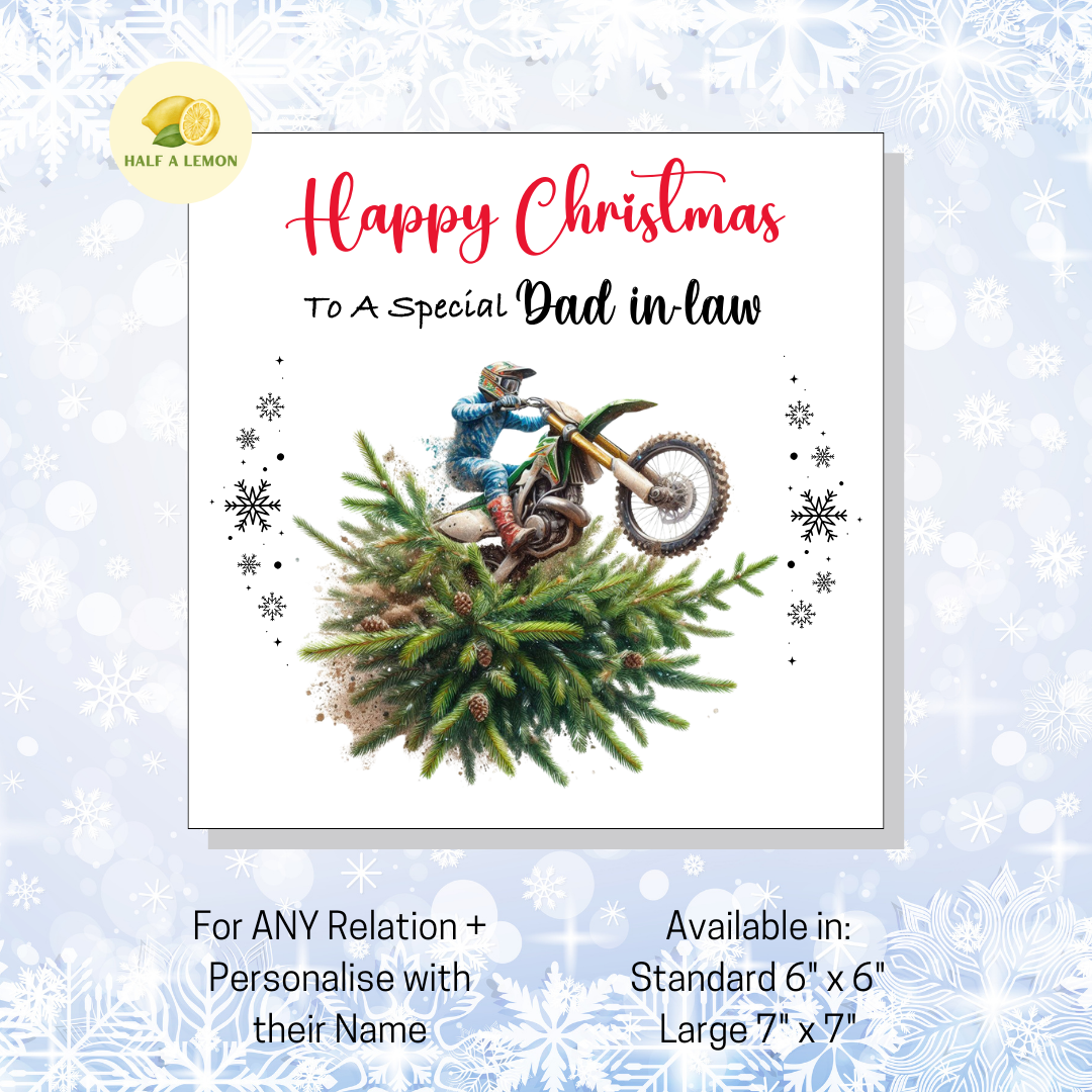 Personalised Dirt Bike and Christmas Tree Christmas Card For Dad in Law, For Any Relation, Gift for Him