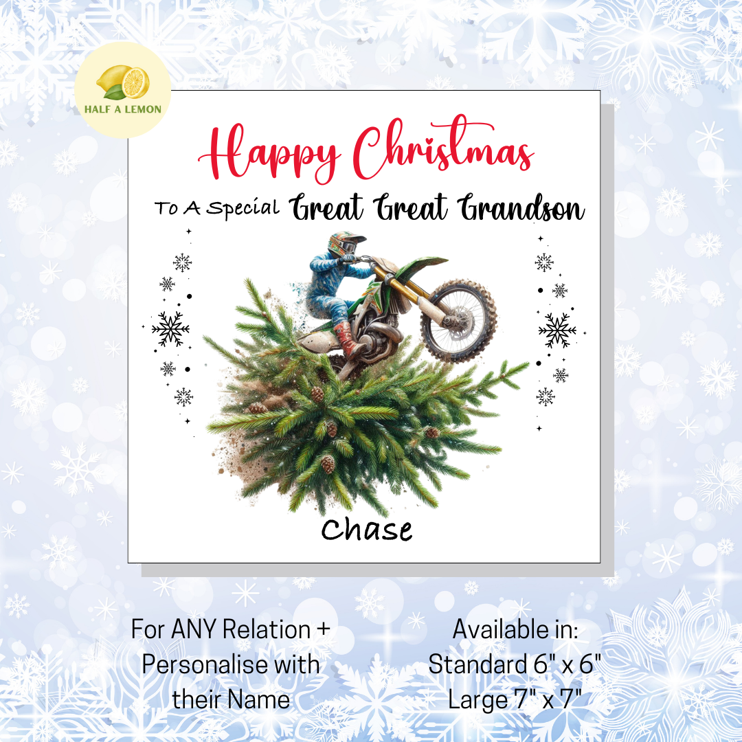 Personalised Dirt Bike and Christmas Tree Christmas Card For Great Great Grandson, For Any Relation, Gift for Him