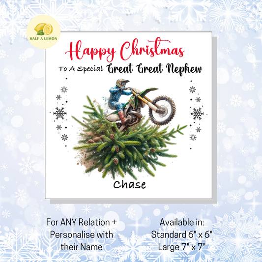 Personalised Dirt Bike and Christmas Tree Christmas Card For Great Great Nephew, For Any Relation, Gift for Him