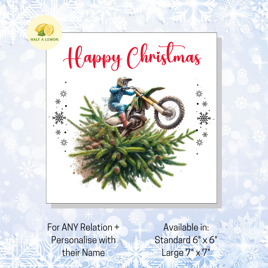 Personalised Dirt Bike and Christmas Tree Christmas Card For Any Relation, Gift for Him