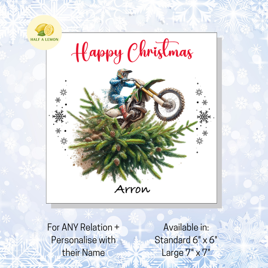 Personalised Dirt Bike and Christmas Tree Christmas Card For A Special Friend, For Any Relation, Gift for Him
