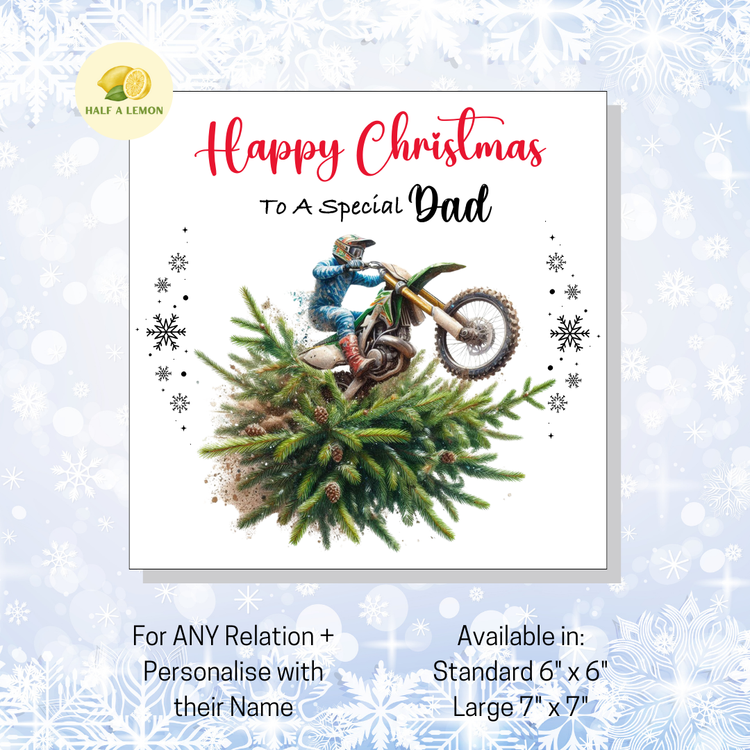 Personalised Dirt Bike and Christmas Tree Christmas Card For Dad, For Any Relation, Gift for Him