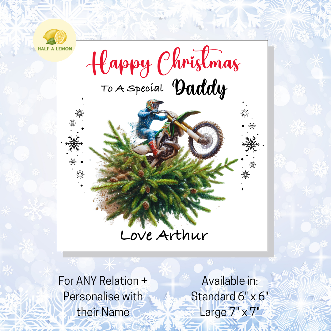 Personalised Dirt Bike and Christmas Tree Christmas Card For Daddy, For Any Relation, Gift for Him