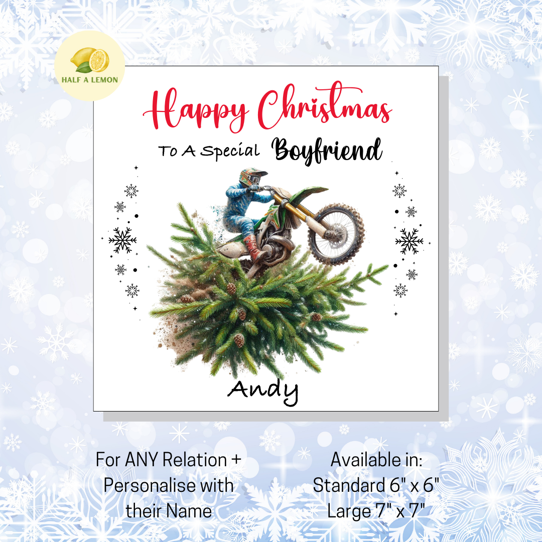 Personalised Dirt Bike and Christmas Tree Christmas Card For Boyfriend, For Any Relation, Gift for Him