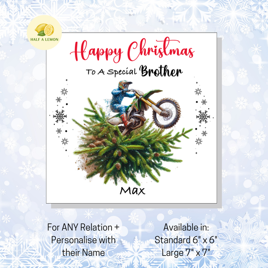 Personalised Dirt Bike and Christmas Tree Christmas Card For Brother, For Any Relation, Gift for Him