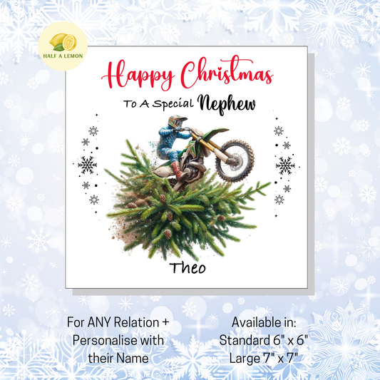 Personalised Dirt Bike and Christmas Tree Christmas Card For Nephew, For Any Relation, Gift for Him