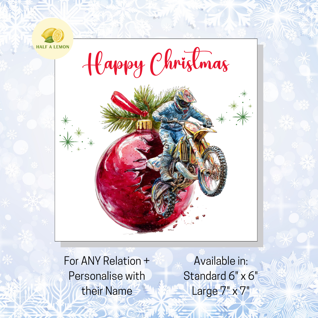 Personalised Dirt Bike and Red Bauble Christmas Card For Any Relation, Gift for Him