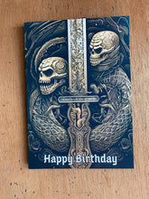 Load image into Gallery viewer, Birthday Card, Skull Birthday card, Skull and Serpent Birthday card, Skull and snake Birthday card, card for him, gift, brother, son, dad,
