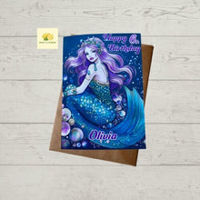 Load image into Gallery viewer, Birthday card for her, Personalised birthday card, personalized age and name card, Mermaid Card, granddaughter, daughter, niece, gift,
