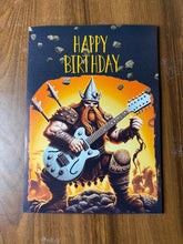 Load image into Gallery viewer, Birthday card, Rock music, heavy metal music, Viking playing a guitar, birthday card with guitar, card for him, brother, friend, dad, son,
