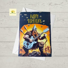 Load image into Gallery viewer, Birthday card, Rock music, heavy metal music, Viking playing a guitar, birthday card with guitar, card for him, brother, friend, dad, son,
