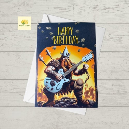 Birthday card, Rock music, heavy metal music, Viking playing a guitar, birthday card with guitar, card for him, brother, friend, dad, son,