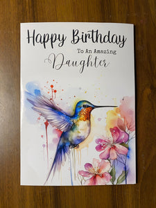 Daughter Birthday card, Birthday card for Daughter, Hummingbird and flowers in beautiful watercolours, Birthday card for her, Birthday cards