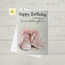 Load image into Gallery viewer, Granddaughter Birthday card, Birthday card for granddaughter, pink high top trainers, Birthday card for her, Birthday cards, teenager,
