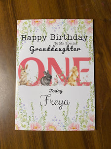 1st Birthday card for Granddaughter,  One Today, personalised 1st birthday card, featuring woodland animals and flowers, gift