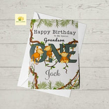 Load image into Gallery viewer, 1st Birthday card for Grandson,  One Today Grandson card, personalised 1st birthday card, featuring cheeky cute monkeys, jungle theme, gift
