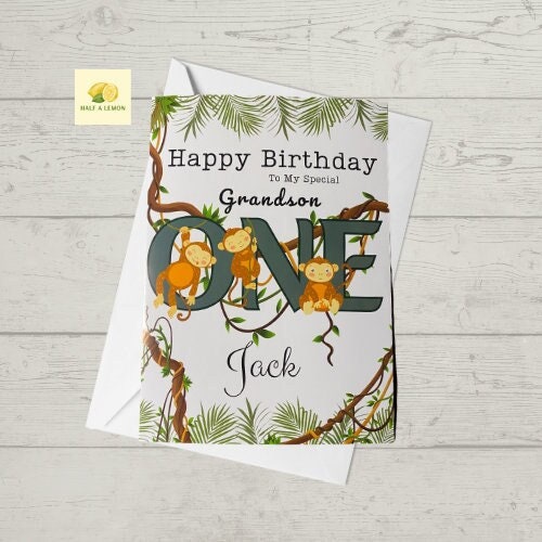 1st Birthday card for Grandson,  One Today Grandson card, personalised 1st birthday card, featuring cheeky cute monkeys, jungle theme, gift