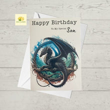 Load image into Gallery viewer, Son Birthday card, illustrated mythical dragon, Birthday card for son, Birthday card for him, Birthday cards, video game, book, gift,
