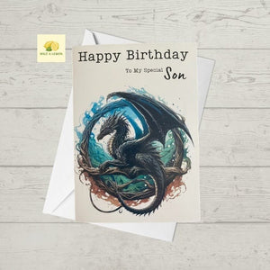 Son Birthday card, illustrated mythical dragon, Birthday card for son, Birthday card for him, Birthday cards, video game, book, gift,