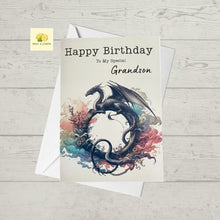 Load image into Gallery viewer, Grandson Birthday card, illustrated mythical dragon, Birthday card for Grandson, Birthday card for him, Birthday cards, video game, book,
