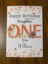 Load image into Gallery viewer, Daughter Birthday card, personalised 1st birthday card, birthday day card for daughter, featuring a baby deer, hedgehog and rabbit, gift
