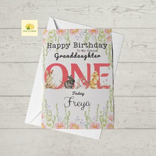 Load image into Gallery viewer, 1st Birthday card for Granddaughter,  One Today, personalised 1st birthday card, featuring woodland animals and flowers, gift
