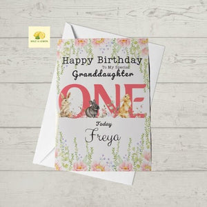 1st Birthday card for Granddaughter,  One Today, personalised 1st birthday card, featuring woodland animals and flowers, gift