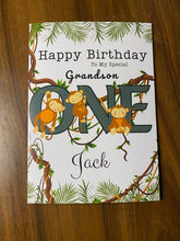 Load image into Gallery viewer, 1st Birthday card for Grandson,  One Today Grandson card, personalised 1st birthday card, featuring cheeky cute monkeys, jungle theme, gift
