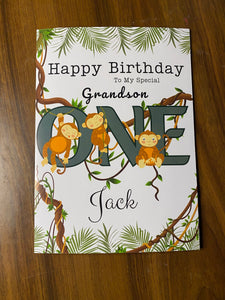 1st Birthday card for Grandson,  One Today Grandson card, personalised 1st birthday card, featuring cheeky cute monkeys, jungle theme, gift