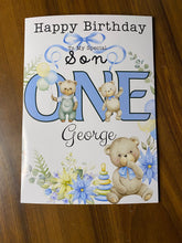 Load image into Gallery viewer, 1st Birthday card for son,  One Today, personalised 1st birthday card, featuring cheeky cute bears, Son first birthday card, bears, gift
