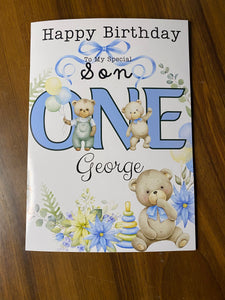 1st Birthday card for son,  One Today, personalised 1st birthday card, featuring cheeky cute bears, Son first birthday card, bears, gift