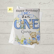 Load image into Gallery viewer, 1st Birthday card for son,  One Today, personalised 1st birthday card, featuring cheeky cute bears, Son first birthday card, bears, gift
