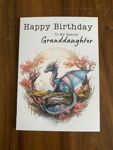 Granddaughter Birthday card, illustrated mythical dragon, Birthday card for granddaughter, Birthday card for her, Birthday cards,