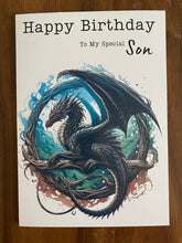 Load image into Gallery viewer, Son Birthday card, illustrated mythical dragon, Birthday card for son, Birthday card for him, Birthday cards, video game, book, gift,
