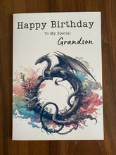 Load image into Gallery viewer, Grandson Birthday card, illustrated mythical dragon, Birthday card for Grandson, Birthday card for him, Birthday cards, video game, book,
