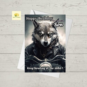 Birthday card for Son, Biker Wolf, Son Birthday card, motorcycle, rock music, featuring a detailed wolf dressed in biker clothes