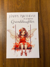 Load image into Gallery viewer, Birthday card, Granddaughter Birthday card, Birthday card for granddaughter, Fairy on a swing, Birthday card for her, Birthday cards, gift,
