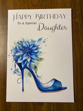 Load image into Gallery viewer, Birthday card, Daughter Birthday card, Birthday card for Daughter, Blue high heel show with flower, Birthday card for her, Birthday cards
