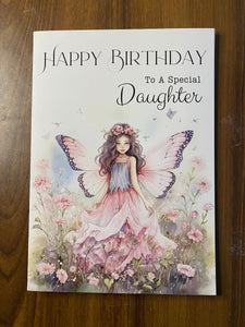 Daughter Birthday card, birthday card for a Daughter, daughter card, featuring a girl dressed as a Fairy with pink flowers, gift,