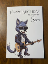 Load image into Gallery viewer, Birthday card, Son Birthday card,  Rock music, Metal, Wolf playing a guitar, Birthday card for Son, Birthday card for him, Birthday cards,
