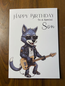 Birthday card, Son Birthday card,  Rock music, Metal, Wolf playing a guitar, Birthday card for Son, Birthday card for him, Birthday cards,