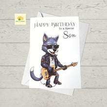 Load image into Gallery viewer, Birthday card, Son Birthday card,  Rock music, Metal, Wolf playing a guitar, Birthday card for Son, Birthday card for him, Birthday cards,
