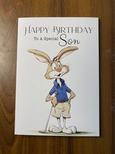 Load image into Gallery viewer, Birthday card, Son Birthday card, Golf, Golfing Son, featuring a Rabbit playing golf
