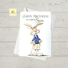 Load image into Gallery viewer, Birthday card, Son Birthday card, Golf, Golfing Son, featuring a Rabbit playing golf
