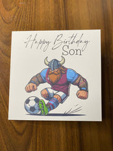 Load image into Gallery viewer, Birthday card, Birthday card for Son, Son Birthday card, Football card, Purple shirt with blue sleeves and white shorts, team colours
