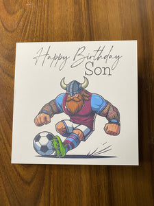 Birthday card, Birthday card for Son, Son Birthday card, Football card, Purple shirt with blue sleeves and white shorts, team colours