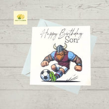 Load image into Gallery viewer, Birthday card, Birthday card for Son, Son Birthday card, Football card, Purple shirt with blue sleeves and white shorts, team colours
