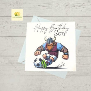 Birthday card, Birthday card for Son, Son Birthday card, Football card, Purple shirt with blue sleeves and white shorts, team colours